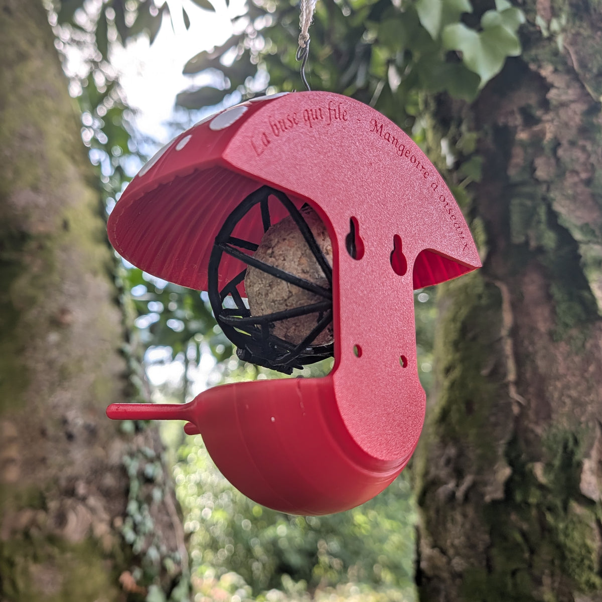 "The Mushroom" hanging fat ball bird feeder, two-tone