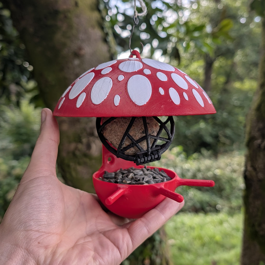 "The Mushroom" hanging fat ball bird feeder, two-tone