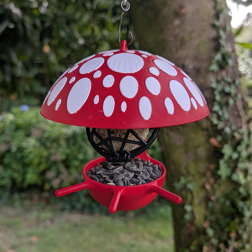 "The Mushroom" hanging fat ball bird feeder, two-tone