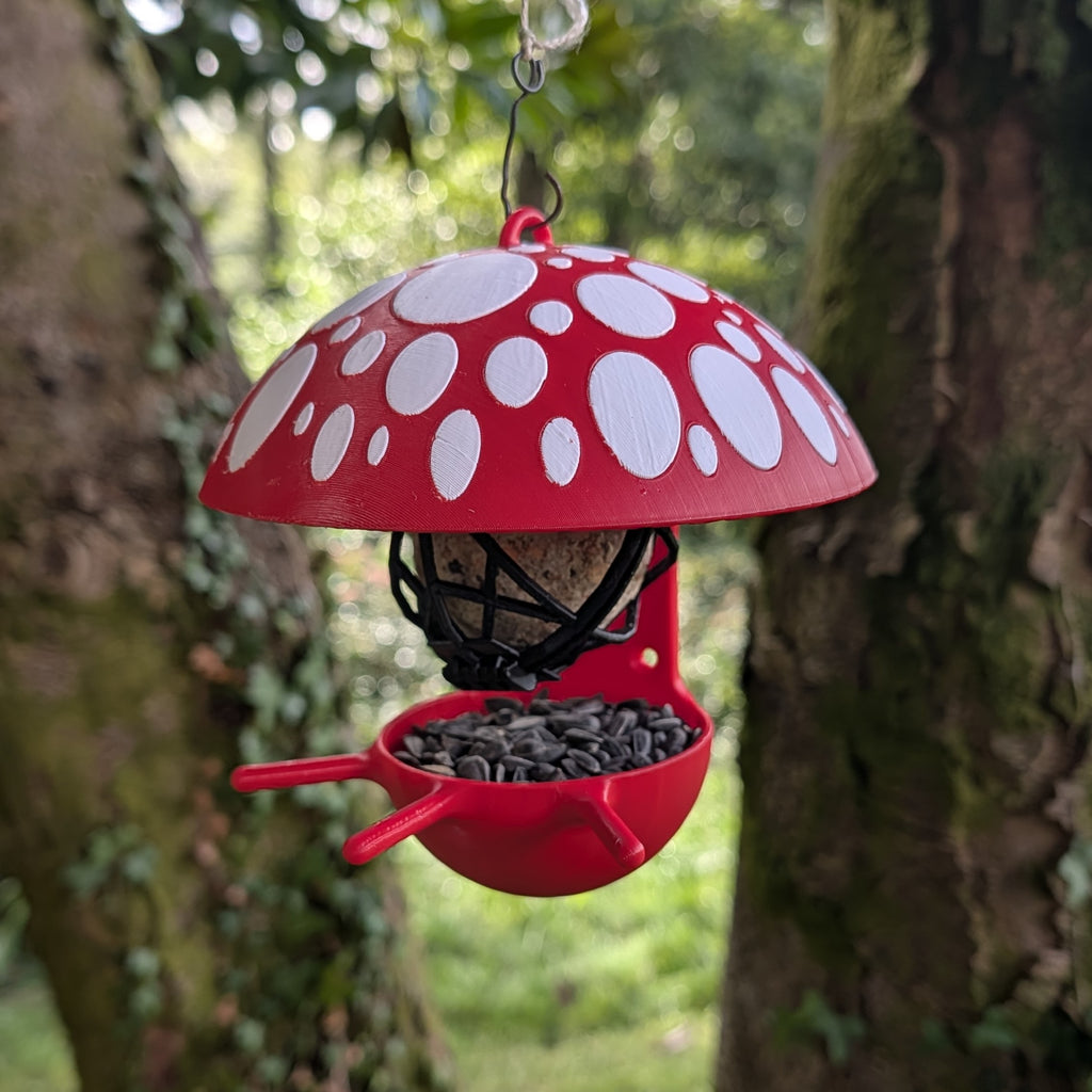 "The Mushroom" hanging fat ball bird feeder, two-tone