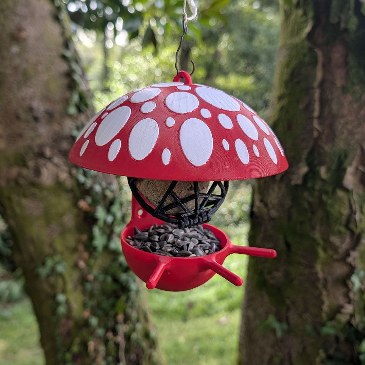 "The Mushroom" hanging fat ball bird feeder, two-tone